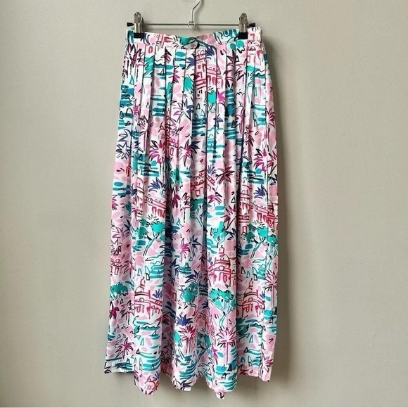 Cambridge Classics Dresses & Skirts - Vintage Skirt Women's XS Tropical Palm Trees Pleated Midi White Pink Kawaii